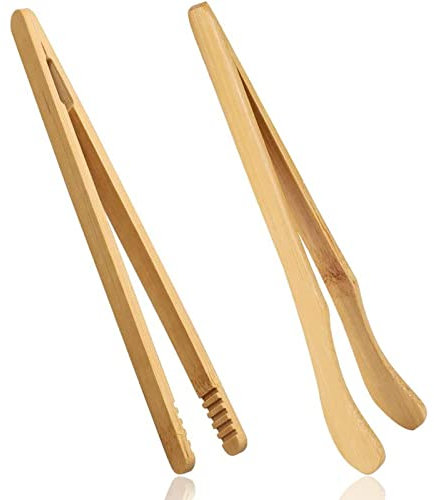 2 pcs Bamboo Toaster Tongs, 18 cm/7 inch Wooden Tongs Reusable Bamboo Kitchen Tongs for Cheese Bread Tea
