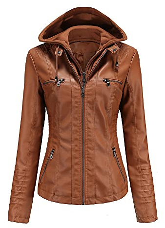 DISSA Veste biker femme en simili cuir à capuche Zip,Marron,38