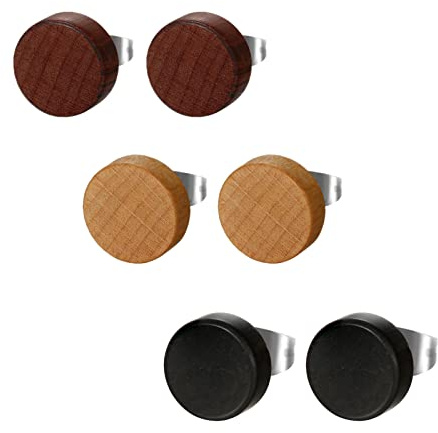 Flongo Träknapp Örhängen Set, 6 Stycken Små Runda Knappörhängen Kaffe Brun Svart Fake Plug Tunnel Piercing Örhängen för Män Kvinnor, Trä