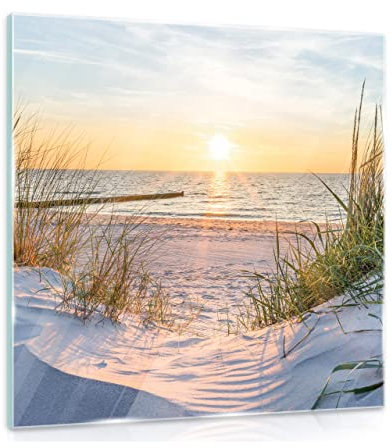 Glasbild Strand Meer Ostsee Natur Landschaft 30x30 cm Modern Glasbilder Wohnzimmer Schlafzimmer Badezimmer Bilder auf Glas Bild groß XXL einteilig Querformat Wandbild Wandbilder Aufhängfertig