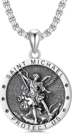 Shusukue St. Michael Kette 925er Sterling Silber, Erzengel Saint Michael Amulett Schutzpatron Halskette, Medaillen Gebetsmünzen Anhänger Christlicher Religiöser Schmuck für Frauen Männer