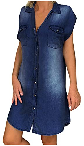 Jeansklänning dam sommar knälängd: jeansskjorta dam midja kortärmad blusklänning vintage skjortklänning eleganta jeansklänningar vintage skjortblusklänning tunika skjorta denimklänning sommarklänning jeansklänningar, Marinblå, L