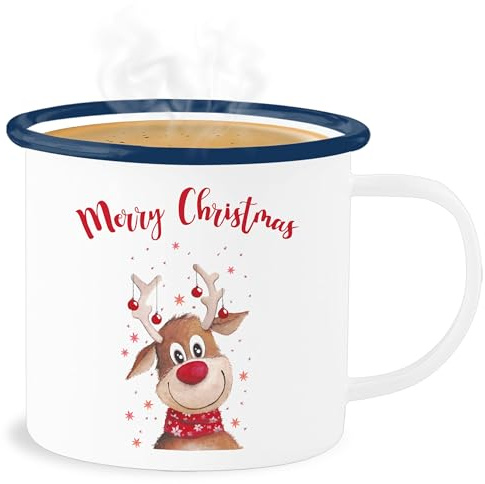 Emaille Becher Blechbecher - Weihnachtstasse Tasse Weihnachten - Merry Christmas Rentier I Elch - 300 ml - Weiß Blau - weihnachtstassen weihnachtsmotiv elk weihnachts xmas weihnachtsmotiven familie