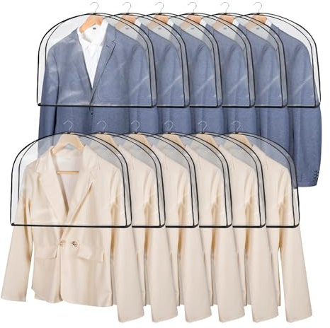 KEEGH 18H Shoulder Covers for Clothes (Set of 12) Breathable Garment Covers Closet Dust Covers Protectors Hanger Covers for Clothes, 2 Gusset Hold More Suit, Coats, Jackets, Dress, Clear/Black