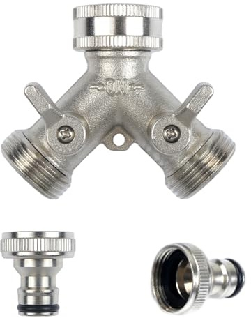 Brass 2-Way Y Garden Hose Splitter - 3/4 Connector with 2 Tap Connectors for Pipe Irrigation Tool Fitting, Silver
