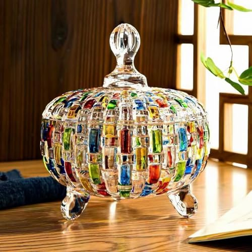 Puremagics Elegante, handbemalte bunte Süßigkeiten-Box aus gewebtem Glas mit Deckel, Lebensmittel-Schmuck-Box, Aufbewahrungsglas, tolles Geschenk für Familie und Freunde, 680 ml
