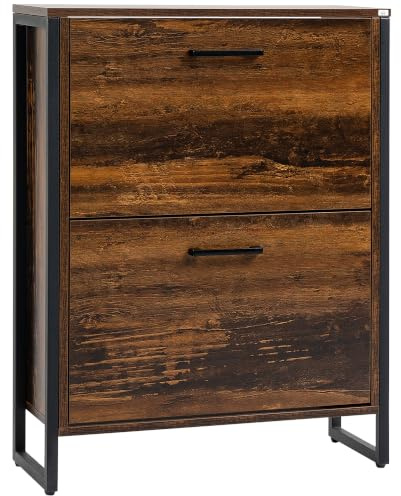 HOMCOM Industrial Shoe Cabinet 2 Flip Drawers for 12 Pairs Rustic Brown