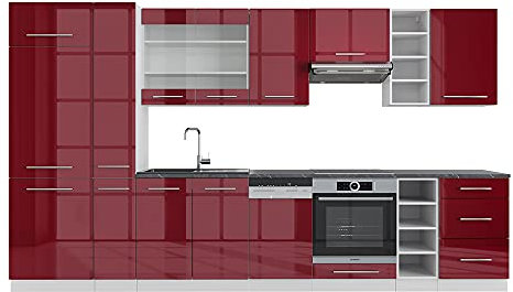Vicco Küchenzeile Fame-Line, Bordeaux Hochglanz/Weiß/Weiß, 355 cm, AP Marmor