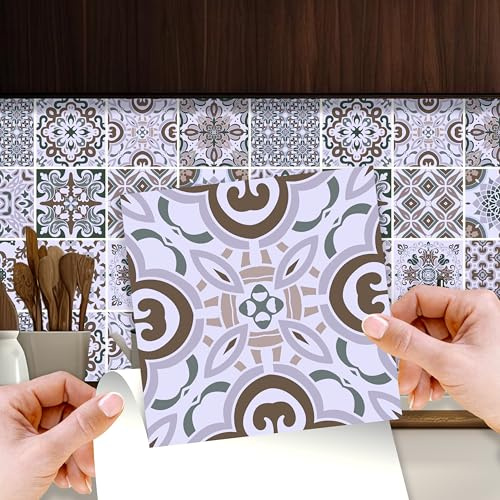 WALPLUS Credence 15x15cm Stickers Muraux Salle de Bain Amovible Autocollant Carrelage Cuisine Résistant à la Chaleur Rénovation Vintage Victorian Marron Crédence Adhésive 24 Pièces