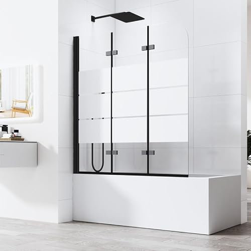 Gestreift Duschwand für badewanne faltbar, Duschwand Schwarz 3 teilig Badewanne duschwand 140x140cm, 6mm Glas Duschwand Badewanne Badewannenaufsatz Duschtrennwand Duschabtrennung für Badewanne