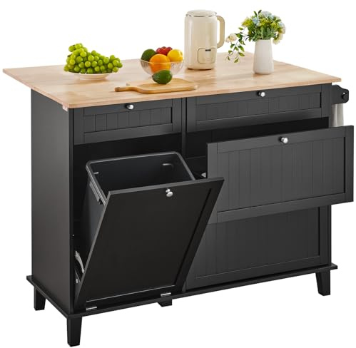 VEVOR Kitchen Island Cart, 50 Wood Top Breakfast Bar with Trash Cabinet Tilt Out 10 Gallon Storage, Farmhouse Dining Living Room Table with Drop Leaf, Towel Bar, Drawer, Black