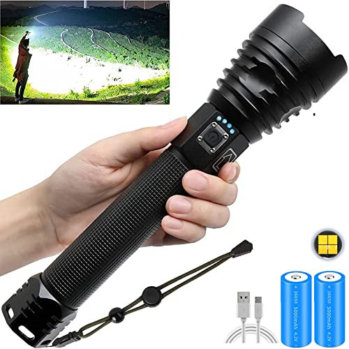QWAXTRIW Rechargeable Tactical Led Flashlights 90000 High Lumens, Super Bright XHP90.2 LED Flashlights with 26650 Batteries, 3 Modes Zoomable, IPX6 Waterproof Flashlight for Emergencies