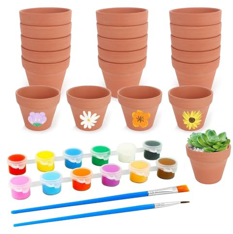 KBIBCK Tontöpfe Klein, 20 Stück Mini Terrakotta Töpfe mit 12 Farben & 2 Pinsel, Mini Blumentopf, Kleine Tontöpfe Zum Basteln, Kleine Blumentöpfe mit Abflussloch für Außenkaktus Sukkulenten (3,5x3 cm)