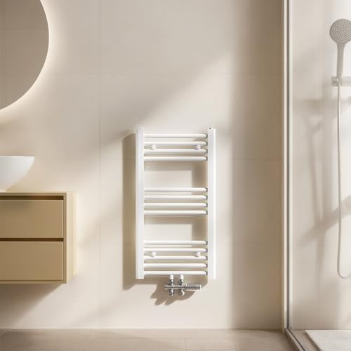 EMKE Toallero 750x400 mm, Radiador de Toallas de Baño, Toallero con Conexión Central, Radiador de Baño, Calefacción de Toallas, Blanco, 244W