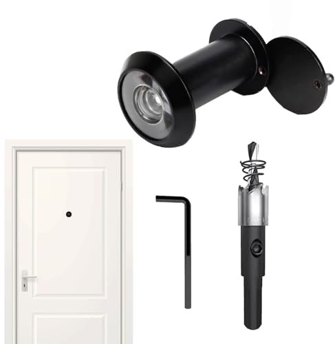 Türspion mit Sichtschutz 200° Weitwinkel Optische Glaslinsen Bohrloch Ø 16mm,mit Bohrer,Einstellbar,Anwendbarer Türstärkenbereich 35–60 mm Zinklegierung & Kupfer (Schwarz)