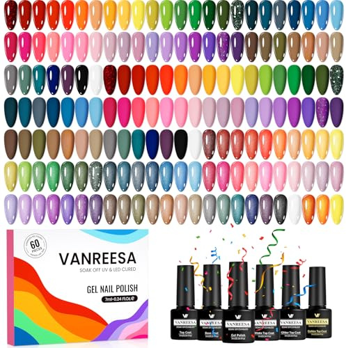 VANREESA 55 Colori Smalto Semipermanente Unghie, 60 PCS Kit Semipermanente Unghie con 1 Base e 4 Top Coat Smalti Semipermanenti per Unghie Rosso Blu Rosa, Kit Unghie Gel Completo Regalo per Donne