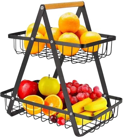 Kongming Black Fruit Basket,Detachable Metal Fruit Bowl Holder with Handle,Portable Modern Countertop Vegetable Rack for Bread Storage,Kitchen Storage & Organisation in Home,Kitchen,Office (2 Tier)