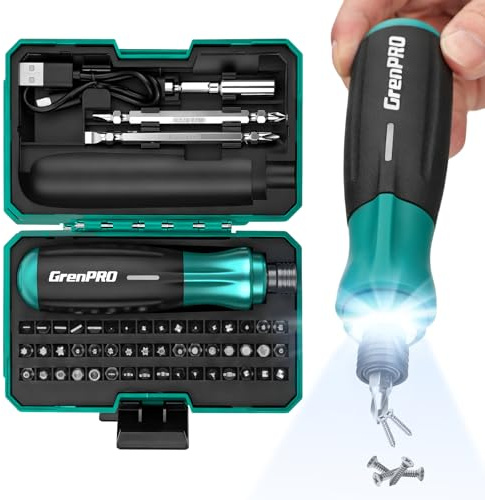 GRENPRO 4V Electric Screwdriver, Rechargeable Cordless Screwdriver Set with 51 Magnetic Bits, LED Light, Left/Right Rotation, USB Charging Cable & Carrying Case, Ideal for Home Repairs