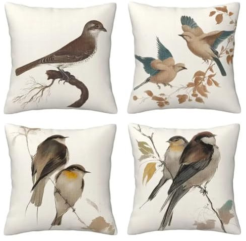 Kissenbezüge 4er Set Vogel 30x30cm Dekorative Kissenhülle, Leinen Zierkissenbezüge mit unsichtbarem Reißverschluss, Weich Kissen Bezug Zierkissen für Sofa Schlafzimmer Wohnzimmer Zuhause Dekor Sv11136