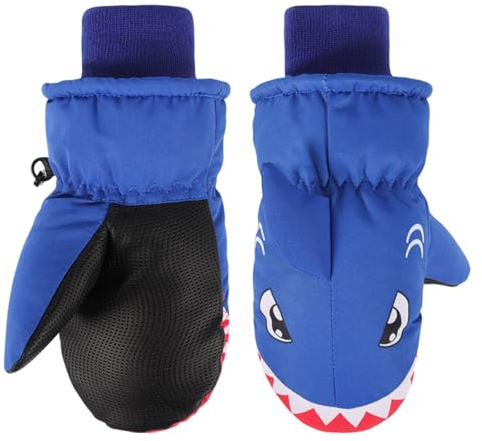 Jupsk Guantes de Invierno para Niños, Manopla de Esquí Impermeable Térmicos Mitones Guantes Snowboard Gloves para Niños y Niñas 6-8 Años, Tiburón