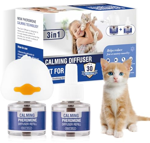 Feromoni Gatto Calmante 3 IN 1 Per Gatti Diffusore Di Kit Felini Rilassanti E Tranquillante Irrequieti Tranquillanti Antistress Repellente Gocce Calmanti Insapore（1 Tappo + 2 Ricariche Da 48ml）