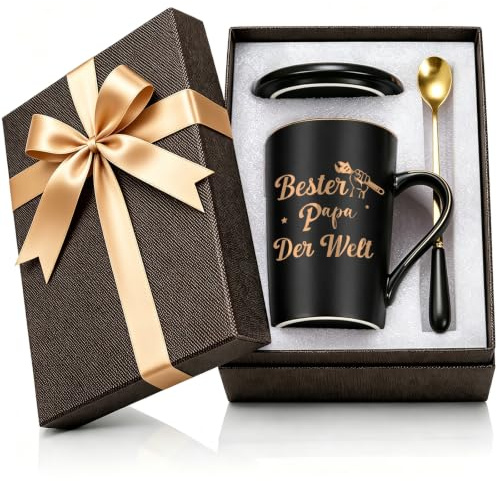 Papa Tasse mit Spruch Bester Papa der Welt, Kaffeebecher für Vatertag Weihnachten Geburtstag Geschenke, 400ML Keramik Marmorbecher mit Deckel, Löffel und Geschenkbox Schwarz