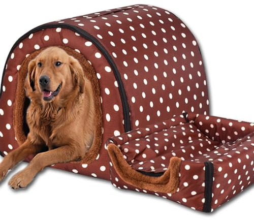 Hundebett, 2-in-1-Hundehütte, warm, große Haustierhöhle, wasserdicht, luxuriöses Haustierhaus, abnehmbar, Anti-Angst, Katzen-Hundebetten für drinnen und draußen (90 x 68 x 66 cm, J)
