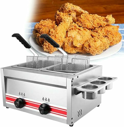 Friggitrice commerciale a gas, in acciaio inox, con doppio cestello e coperchi rimovibili, per uso in cucina domestica e ristorante