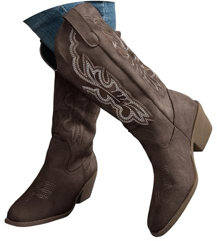 Xbemkste cowboy stövlar dam ankelstövlar med klack vintage broderi västerländska stövlar eleganta medelhöga stövlar damer halvstövlar bekväma slip-stövlar övergångsstövlar, kaffe, 41 EU