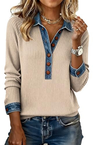 Felpe Patchwork in Denim da Donna, Pullover a Maniche Lunghe in Denim con Revers, Scollo a V, Chiusura con Bottoni, Top Casual in Maglia a Nido d'Ape (Khaki,S)