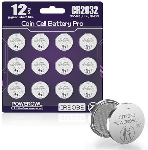 POWEROWL CR2032 Pilas de Botón de Litio 3V, Paquete de 12, Pilas 2032 de Larga Duración para Llaves de Coche, Mandos a Dispositivos Electrónicos, Embalaje de Seguridad para Niños-Morado
