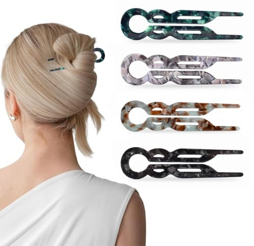 4 Pièces Épingle à Cheveux en U en Acétate, Pic à Cheveux Vintage 11,5cm Fourche à Cheveux 2 Branches Pince à Chignon Élégante pour Femmes et Filles (Turquoise, Noir, Vert, Gris)