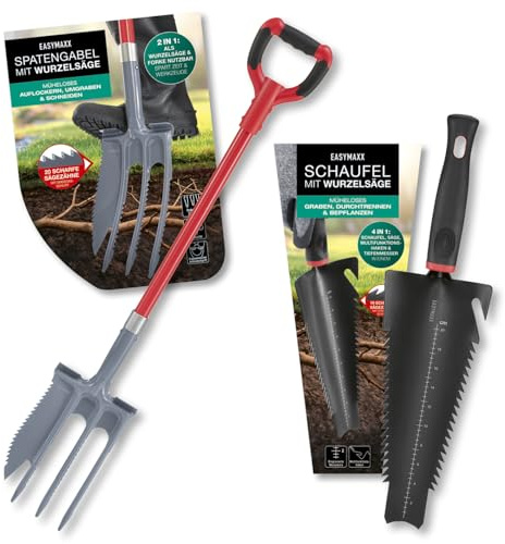 EASYmaxx 4 i 1 rotspade och 2 i 1 spatgaffel med rotsåg i en uppsättning | multifunktionsskopa för grävning, sågning, skärning, lossning och omplantering | Root Digger & rotspade med halkfritt handtag