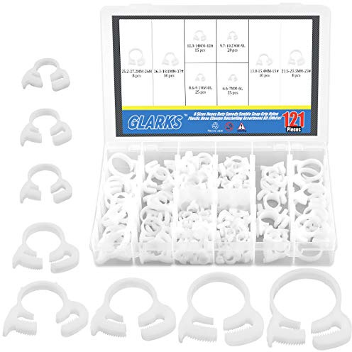 Glarks 121Pcs 8 Size Heavy Duty White Double Gripping Nylon Hose Clamps Set, 6.6-27.2mm Plastic Snap Ratcheting Clamps Assortment Kit (White 121Pcs)