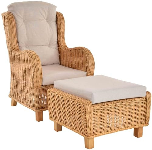 Krines Home Exklusiver Lesesessel Birmingham bequem Rattansessel Rattanmöbel Set Sessel aus Rattan Ohrensessel mit Hocker Honig