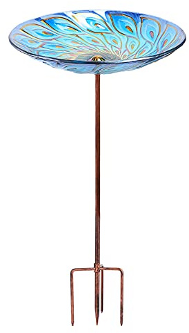 MUMTOP Glas Vogeltränke Garten Outdoor Vogeltränke mit Metallpfahl Pfau | Buntglas Pfau Vogeltränke Vogelfutterstation für draußen, zieht Wildvögel an und bildet einen Wildlebensraum in Ihrem Garten