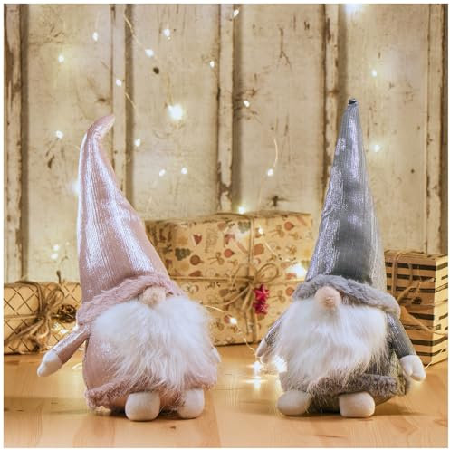 com-four® 2X Elfos navideños Premium para Decoraciones navideñas, Figuras de Invierno como artículos Decorativos, Lindos taburetes de Esquina como decoración (2 Figuras Rosa Plateado 37cm)