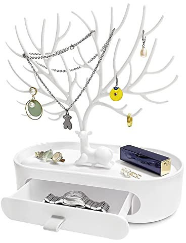 xocome Porta gioielli, porta orecchini, porta gioielli alce livelli con cassetti, supporto per orecchini/supporto collana, regalo per le signore (bianco)