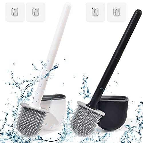 Brosse Toilette Silicone Plate Paquet De 2,Brosse WC Mural,Brosse De Toilette à Long Manche De Salle De Bain à SéChage Rapide,Brosses De Et Supports Et Base Anti-Goutte(Noir+Blanc)