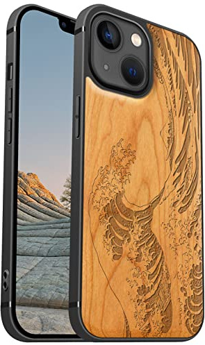 Carveit Étui en Bois pour iPhone 13 Mini, (Cerise-Vague Kanagawa) | Bois Étui de Magnétique Téléphone Antichoc TPU, Protection Case Compatible Magsafe pour iPhone 13 mini Coque