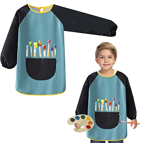 Malschürze Kinder, Wasserdicht Kinder Malkittel 8-12 Jahre, Kochschürze Kinder Bastelschürze Kinder Malschürze mit Ärmeln und Taschen für Schule Kunst Malerei Kochen