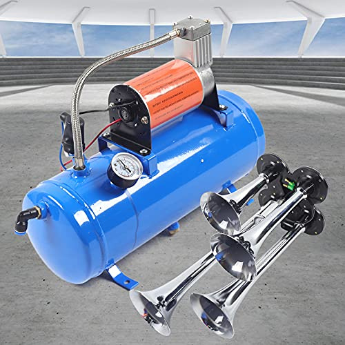 Train Luft Horn Kit 6L Luft Kompressor Druckluftkompressor 12V 150PSI Tragbar Luftkompressor Reifenfüller, 4 Trompetenzug Lufthorn Kit für Autoreifen Automotoren Fahrräder