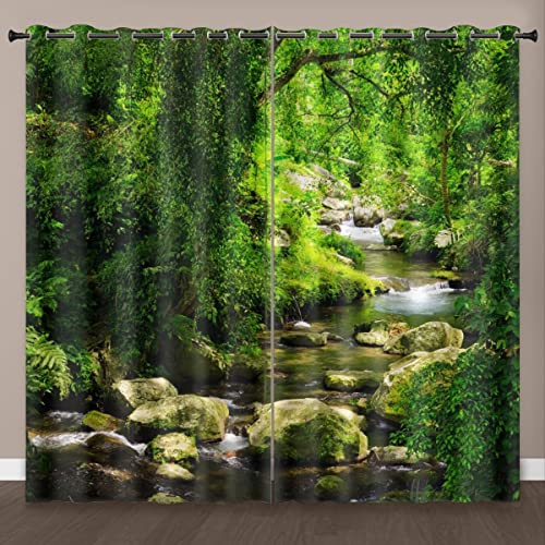 Morbuy Gardinen Blickdicht Vorhänge 2er Set mit Ösen, 3D Wald Gedruckt Modern Verdunkelungs Thermo Vorhänge Vorhänge-Set für Wohnzimmer Schlafzimmer Kinderzimmer (108x245cm,Bach)