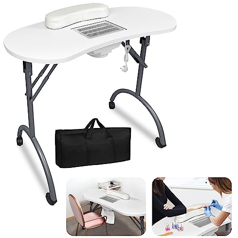 LZQ Table à ongles avec aspiration, table de manucure pliable avec aspirateur à ongles, roulettes et coussin de poignet, table de manucure mobile pour aspirateur de poussière, 90 x 37 x 77 cm, blanc