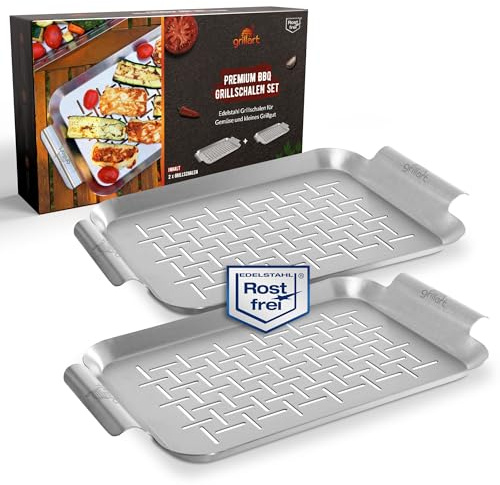 grillart® Premium Grillschale Edelstahl (2er Set), Fisch Grillkorb und Grillschale für Spieße verwendbar – universell einsatzbar und besonders langlebige Grillpfanne - das ideale Grillzubehör