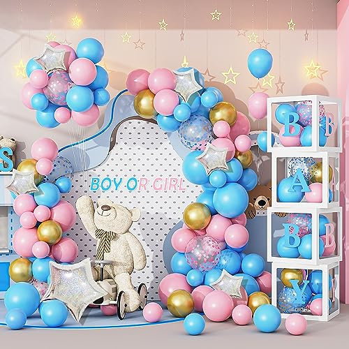 136Pièces Baby Shower Decoration Filles Baby Cube Boîte Rose et Bleu Ballon Guirlande Arche A-Z Lettres Ballon Gender Reveal pour Garçons Filles D'anniversaire Fête Mariage Enfan Baby Shower Decor