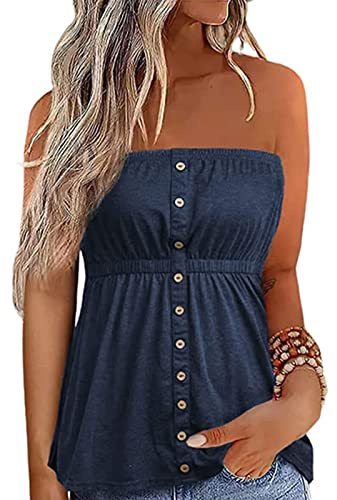 Edhomenn Women Summer Y2k Tube Tops Sleeveless Gradient Color Pleated Bandeau Loose Flowy Tank Vest Shirt (B-Blue, XL)