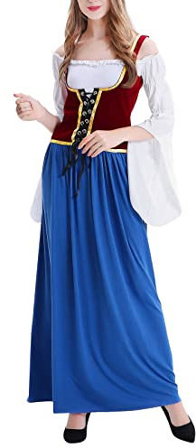 Dirndl Damen Lang Trachtenkleid Langarm Dirndlkleid Blau Trachten Kleid Dirndel Mittelalter Trachtenmode Dirndelkleider Dirndl & Dirndl-Sets für Frauen Mädchen Oktoberfest Outfit