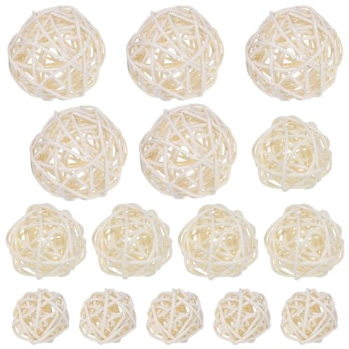 TEHAUX Rattan Ball Decoration Set 15 Pcs Wicker Rattan Balls in 3 Sizes Decorative Balls for Bowls and Vase Filler White Ornaments for Wedding Tables Bridal Showers Christmas Party Hanging Decor