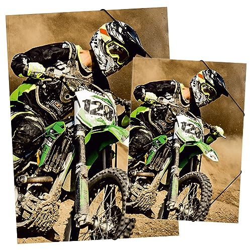 itenga Set Zeichenmappe DIN A3 und Sammelmappe DIN A4 mit Motiv - Gummizugmappe Sammelmappe - für Kinder Jugendliche Schüler Mädchen Jungen (Set A3 und A4 Motiv Fussball) (Motocross Set)